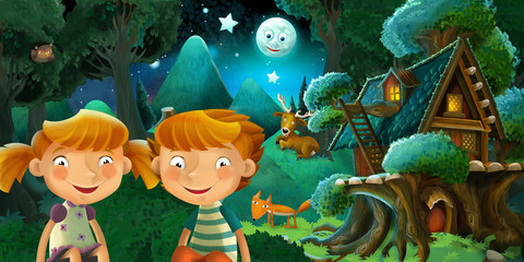 cartoon scene with pair of happy and funny kids in the forest during night resting near beautiful wooden house - illustration for children