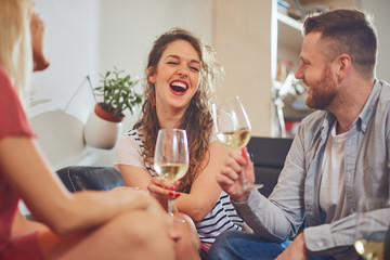 Friends cheering with wine at house party. 