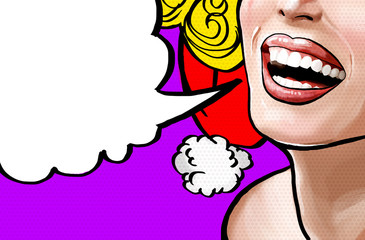 Pop art illustration beautiful smiling young Christmas woman, face detail. Pop art woman with...