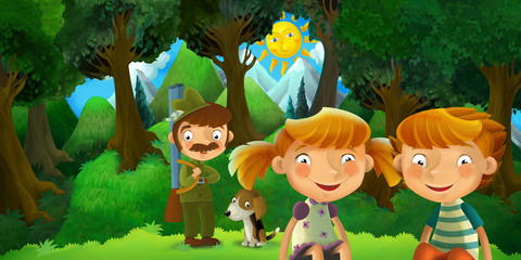 Obraz na płótnie Canvas cartoon scene with kids in the forest near some hunter sitting and resting - illustration for children