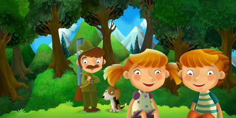 cartoon scene with kids in the forest near some hunter sitting and resting - illustration for children