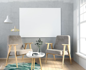 Modern interior with poster and chair. poster mock up. 3d illustration.