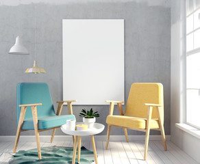 Modern interior with poster and chair. poster mock up. 3d illustration.