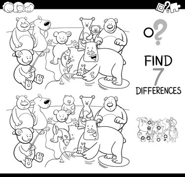 differences game with bear characters color book