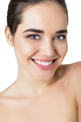 Obraz premium Beauty female portrait. Laughing woman mouth with great teeth over white background. Healthy beautiful female smile. Teeth health, whitening, prosthetics and care.