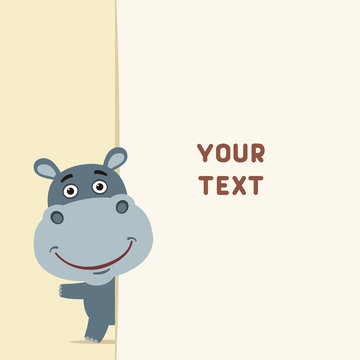 Funny hippo looks out over the fields to text. Template with hippo for cards, invitations or greetings