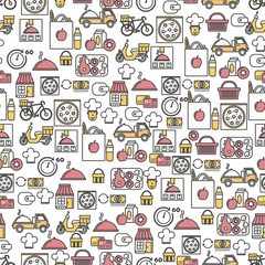Food delivery vector flat line art seamless pattern