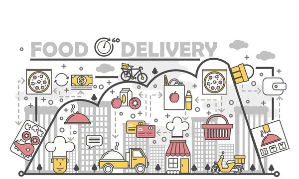 Food delivery concept vector flat line art illustration