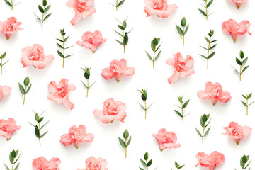 Pattern With Soft Pink Azalea Flowers And Green Leaves On White Background