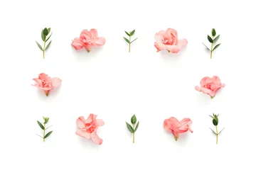 Gordijnen Frame With Soft Pink Azalea Flowers And Green Leaves On White Background © Metamorphosa