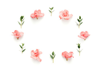 Frame With Soft Pink Azalea Flowers And Green Leaves On White Background