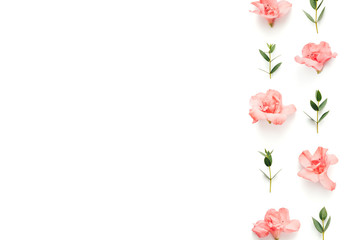 Fototapeta na wymiar Border With Soft Pink Azalea Flowers And Green Leaves On White Background