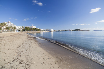  Mediterranean beach in balearic town of Santa Eularia des Riu, Ibiza, Spain.