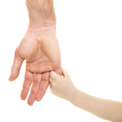Hands. Father's and his son's hands. Dad and kid hands over white. Male and children hands closep, isolated on white background. Family, trust, protecting, care, parenting, parenthood concept.