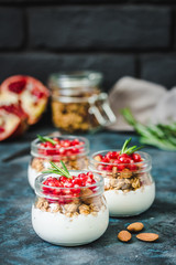 Pomegranate greek yogurt granola dessert on dark blue background. Selective focus, space for text. 
