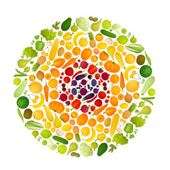 A round range of different vegetables and fruits. Vector illustration. Multicolored food is divided into colors by the circle.