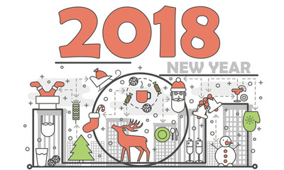 New Year greeting card vector thin line flat illustration