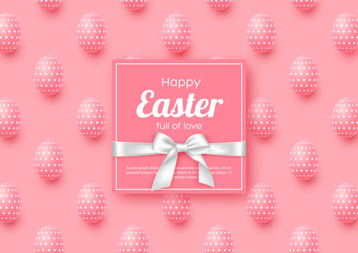 Easter holiday greeting card with realistic eggs. Vector illustration.
