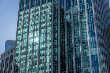 Reflections on glass buildings.