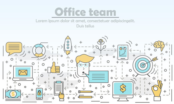 Office team advertising vector illustration in flat linear style