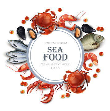 Sea food card Vector realistic. Round frame with crabs, fish, shrimps and caviar