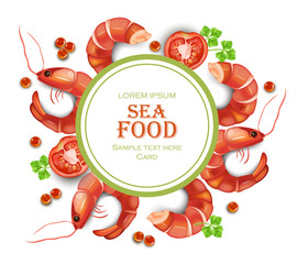 Shrimps card Vector realistic. Round frame seafood templates 3d illustrations