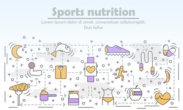 Sports nutrition advertising vector illustration in flat linear style