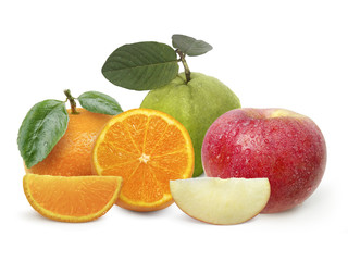 oranges, apples, guava, on a isolated on white background
