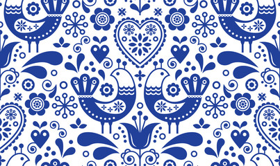 Scandinavian seamless folk art pattern with birds and flowers, Nordic floral design, retro background in navy blue