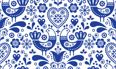 Scandinavisch naadloos volkskunstpatroon met vogels en bloemen, Scandinavisch bloemdessin, retro achtergrond in marineblauw