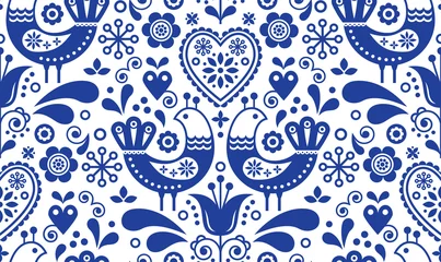Tapeten Skandinavisches nahtloses Volkskunstmuster mit Vögeln und Blumen, nordisches Blumenmuster, Retro-Hintergrund in Marineblau © redkoala