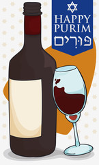 Wine Bottle, Glass and Greeting Ribbon to Celebrate Purim, Vector Illustration