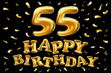 vector happy birthday 55th celebration gold balloons and golden confetti glitters. 3d Illustration design for your greeting card, invitation and Celebration party of fifty five 55 years black