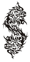  Monster-horse tribal double symbol. Terrible peaked double symbol of a black horse on a white background