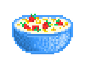 Big blue bowl of cornflakes served with milk and fresh strawberries, 8 bit pixel art icon isolated on white background.