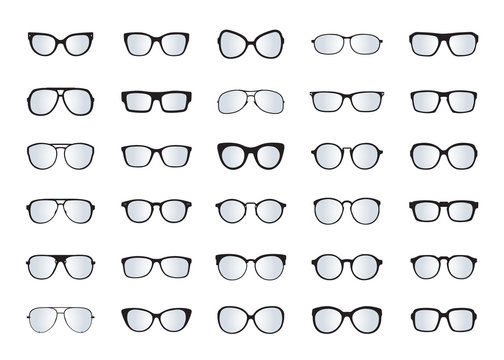 Set of black Glasses isolated. Vector Icons.