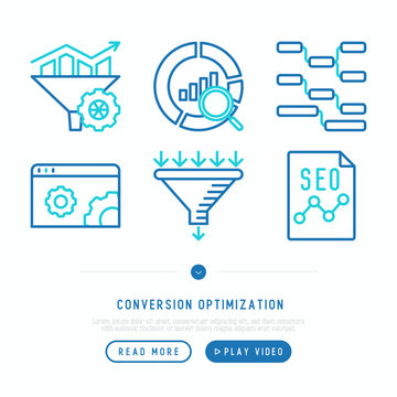 Conversion optimization thin line icons set: marketing, customer management, SEO technology, website promotion, visitors, sales funnel, web traffic. Modern vector illustration.