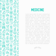 Medicine concept with thin line icons: doctor, ambulance, stethoscope, microscope, thermometer, hospital, z-ray image, MRI scanner, tonometer. Modern vector illustration for medical survey, report.