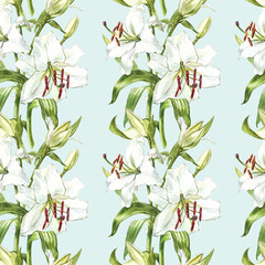 Seamless floral pattern. Watercolor white lilies, hand drawn botanical illustration of flowers.