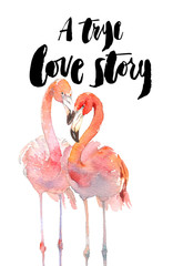 Design for holiday greeting card and invitation of the wedding, Hand lettering and watercolor lovers two flamingos.