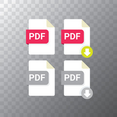 vector flat PDF file icon and vector pdf download icon set isolated on transparent background. Vector document or presentation icon design template for web site