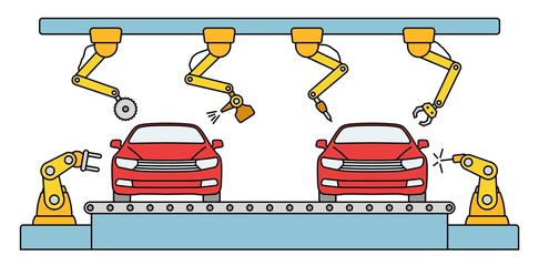 Thin line style car assembly line. Automatic auto production conveyor. Robotic car machinery industry concept. Vector illustration.
