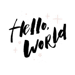 Hello world. Modern calligraphy text, handwritten with brush and black ink, isolated on white background with magical pollen.