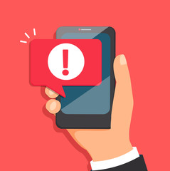 Concept of malware notification or error in mobile phone. Attention message bubble in smartphone. Red alert warning of spam data, insecure connection, scam, virus. Vector illustration. - obrazy, fototapety, plakaty