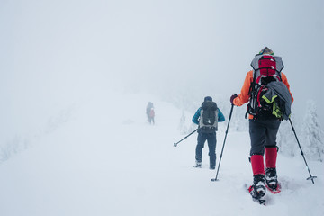Fototapeta na wymiar People with backpacks in winter Gorgany mountains