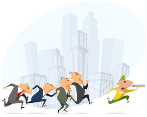 Businessmen running for pizza courier