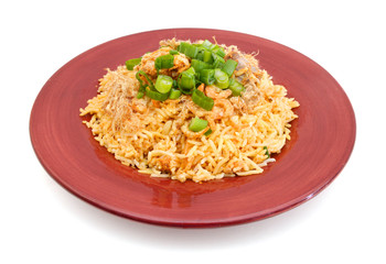 seafood and rice on white background