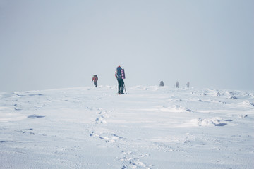 Team of mountaineers reaching the top of Gorgany mountains