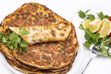 Turkish foods; meat bread, Turkish pizza; lahmacun