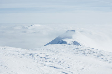 View of white Gorgany mountains and cloudy sky